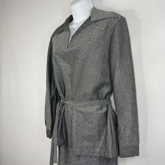 Vintage 70s Disco Avant Garde Gray Silver Glitter Belted Blouse Maxi Skirt Set - Picture 6 of 8
